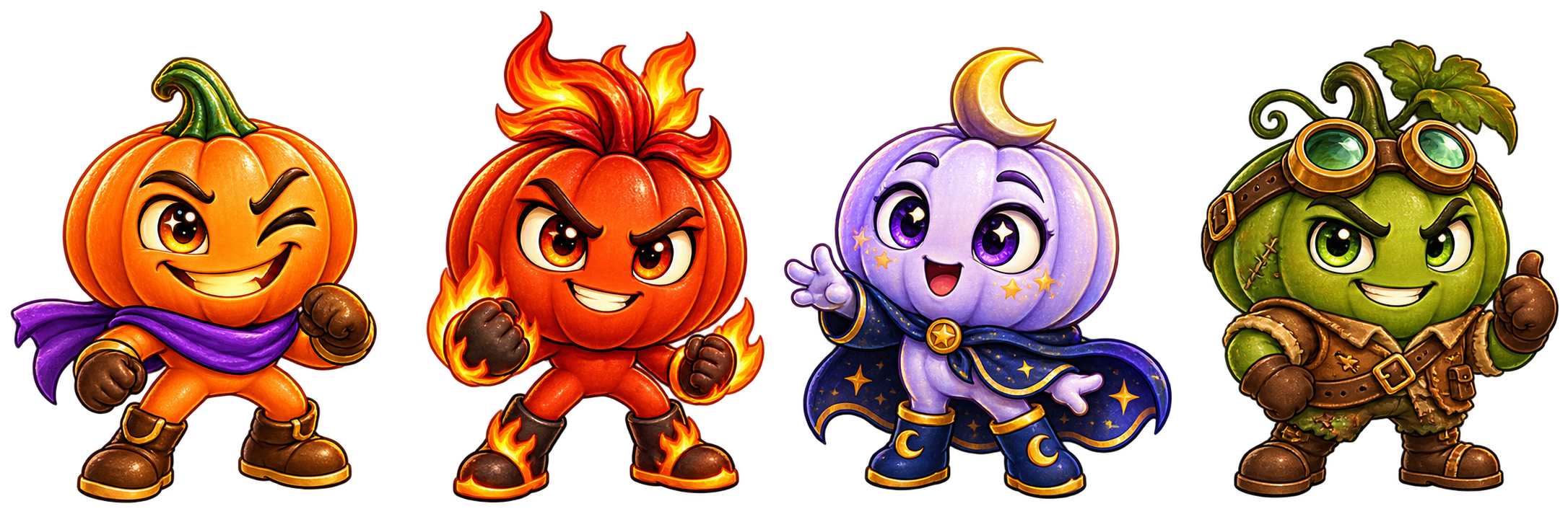 Spice, Ember, Moon, and Patch: four playable pumpkin heroes
