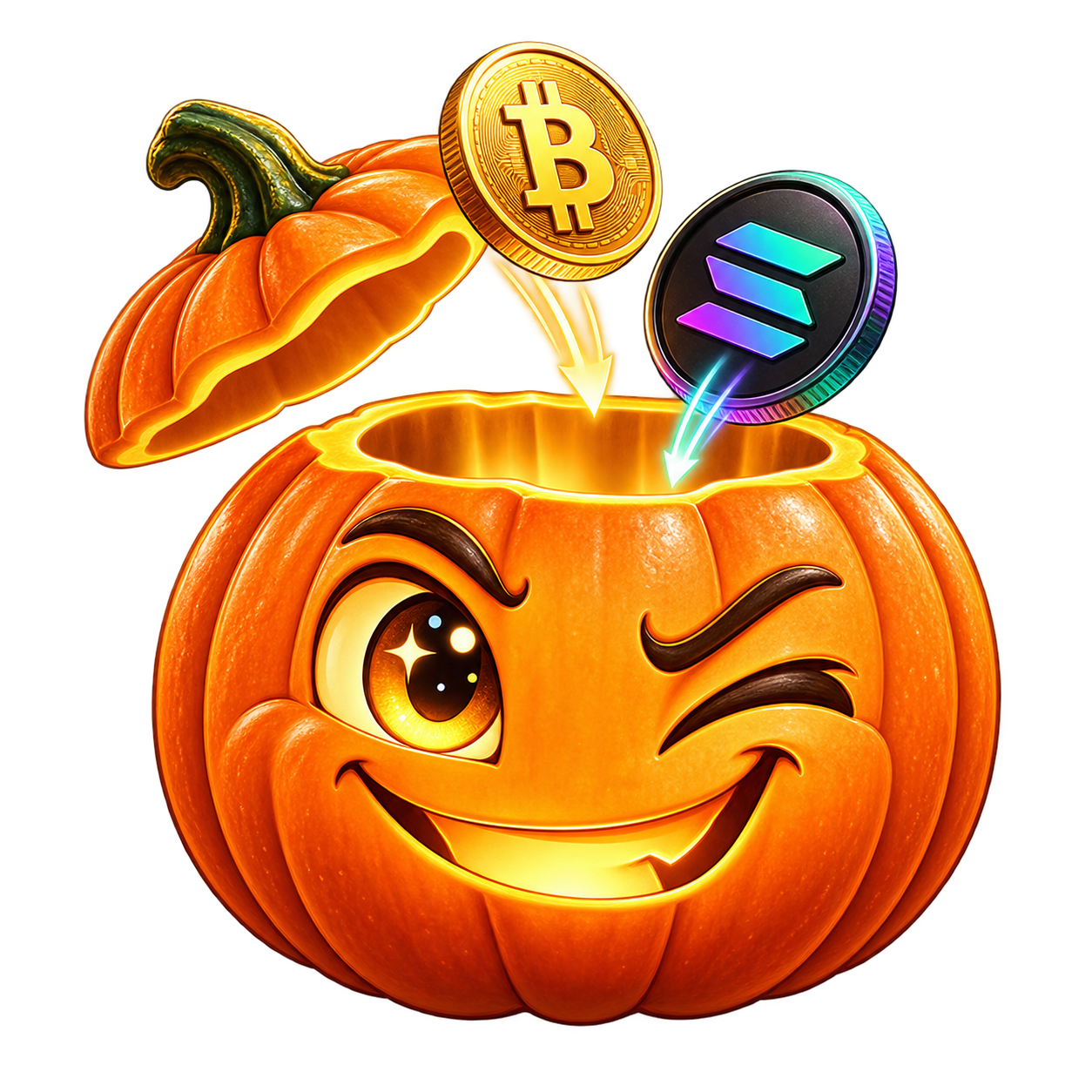 Pumpkin Spice, a winking pumpkin with its top off as Bitcoin and Solana coins drop inside
